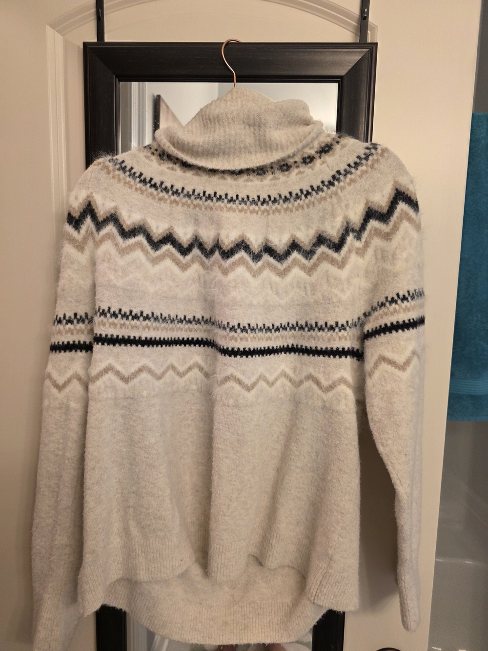 LOFT Fair Isle Turtleneck Sweater Size XL Cream Taupe Black Cozy Winter